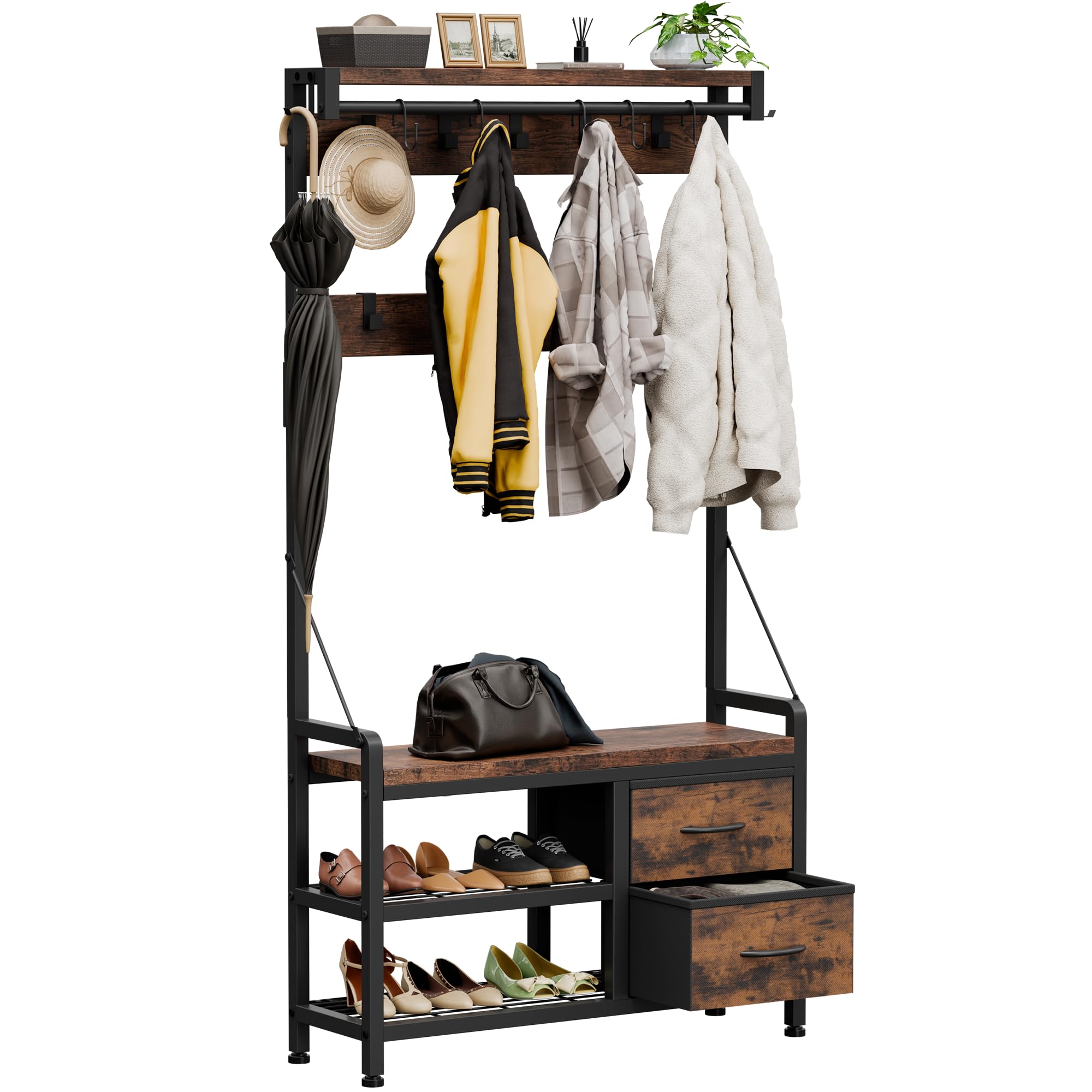 Buluri Garderobenständer, Schuhregal mit Sitzfläche und 2 Schubladen, Kleiderständer mit 17 Abnehmbaren Haken, 5 In 1 Design, Metallrahmen, für Flur, Wohnzimmer, Eingänge (Rustikal Braun)