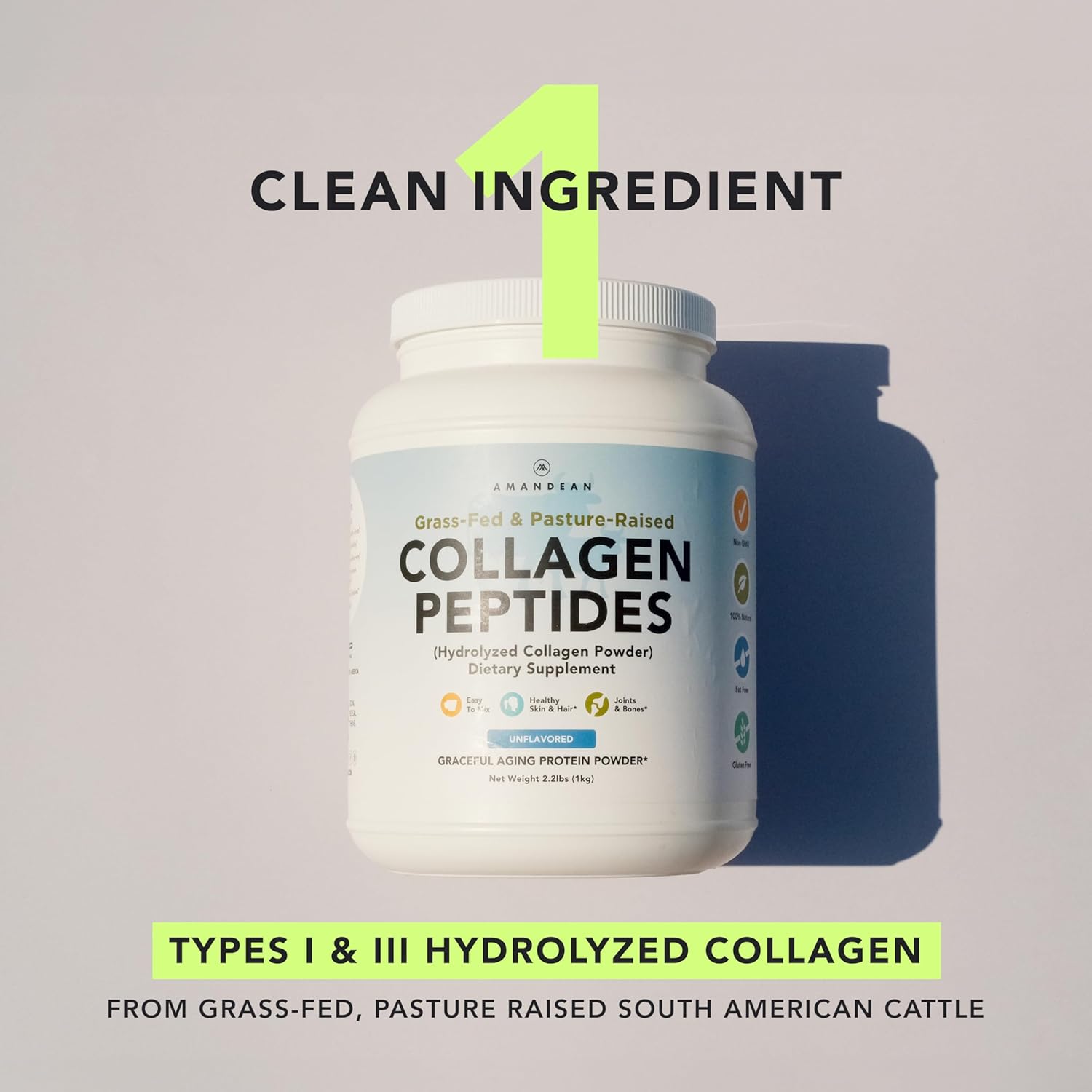 AMANDEAN Collagen Peptides Powder 1kg. Grass-Fed, Enzymatically Hydrolyzed, Type 1 & 3. Agglomerated, Easy to Mix, Unflavored, Non-GMO. Protein with 18 Amino Acids for Healthy Skin, Hair, Nails.