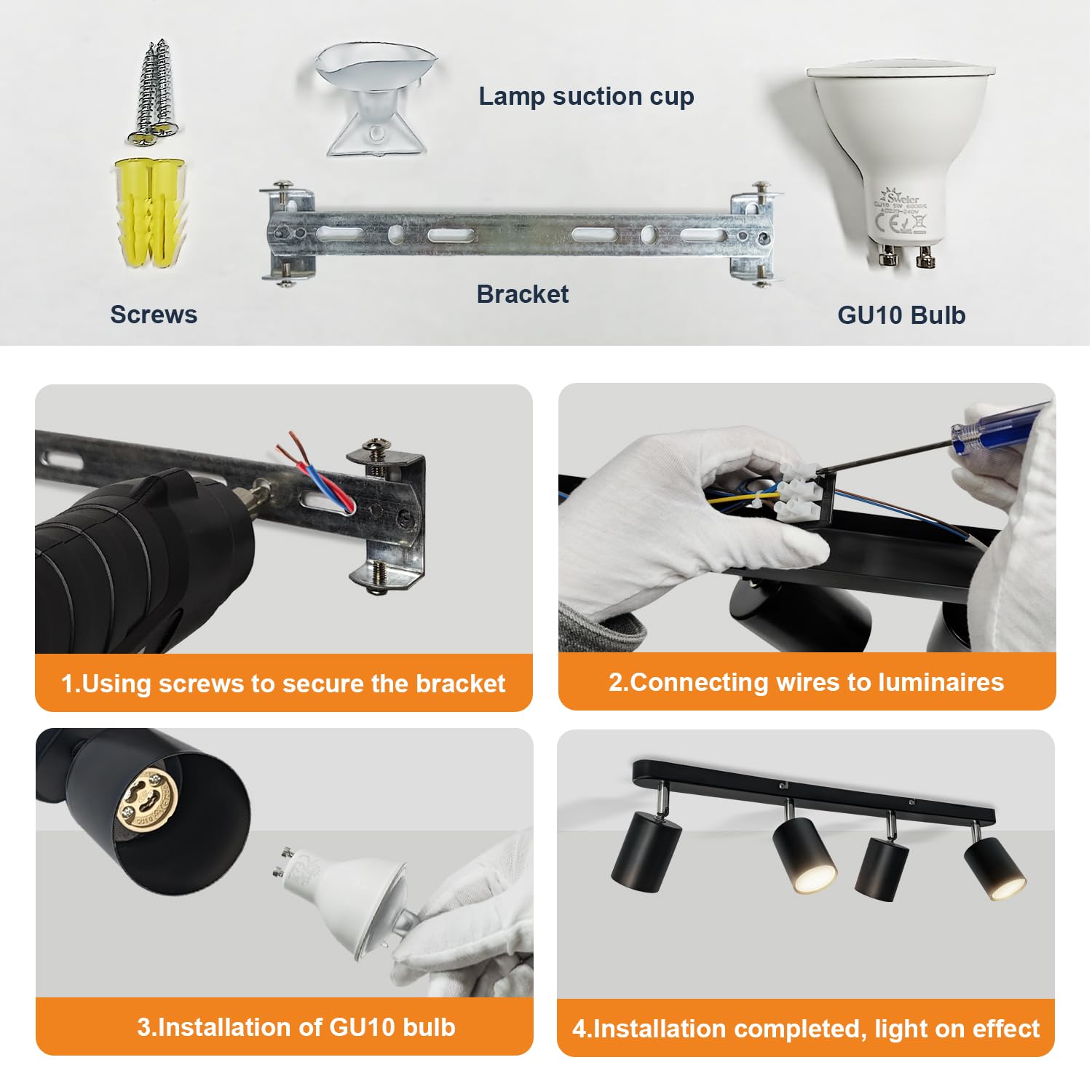Faretti LED Soffitto Orientabili GU10, 5W Faretti Soffitto 4 Luce, Bianco Caldo 3000K Lampadario Faretti Nero, Lampada Faretti Soffitto per Soggiorno Camera da Letto Corridoio