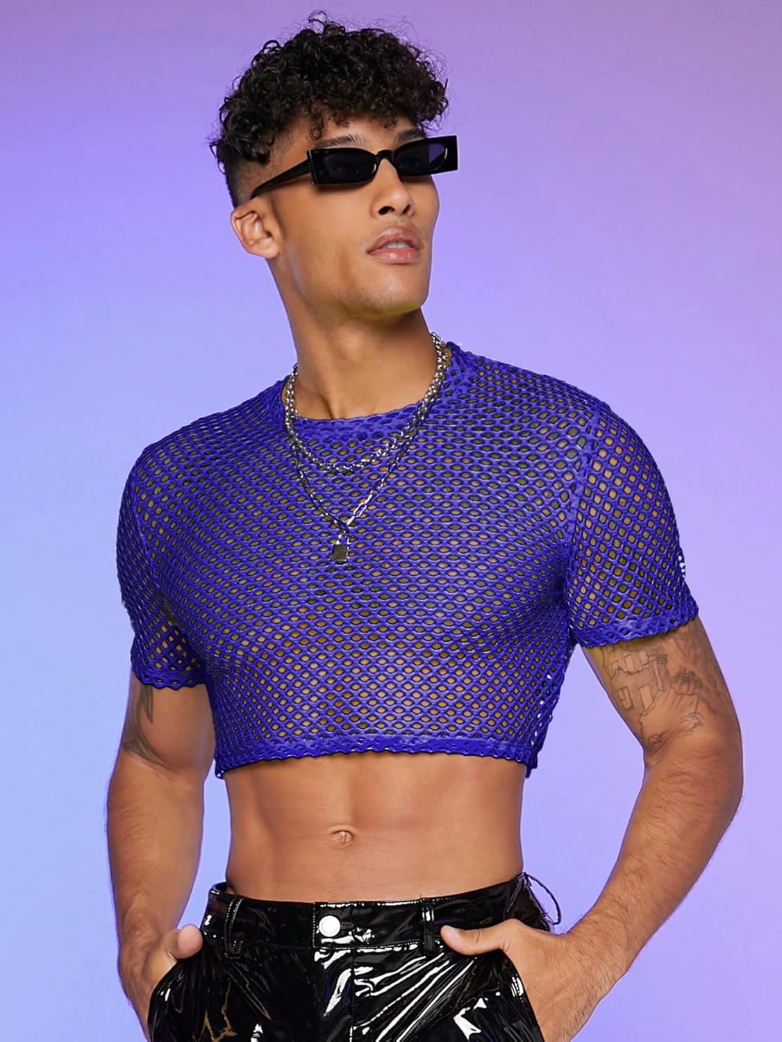 WDIRARA Men's Fishnet Mesh Tee Shirt Round Neck Short Sleeve Crop Top - Image 3