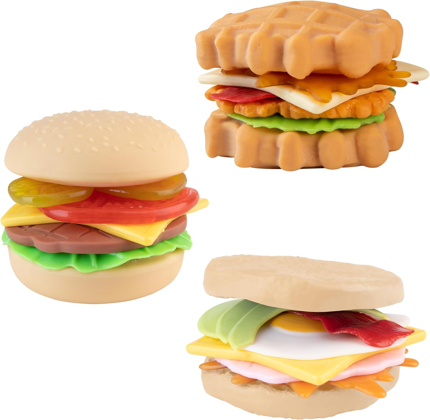 ORB Stretchee Foodz - Secret Menu 3 Pack - Mix and Match, Stretch, and Even Squeeze This Hamburger and Sandwich Trio for Stress Relief - Original Sensory/Fidget Play Food Toys for Kids and Adults