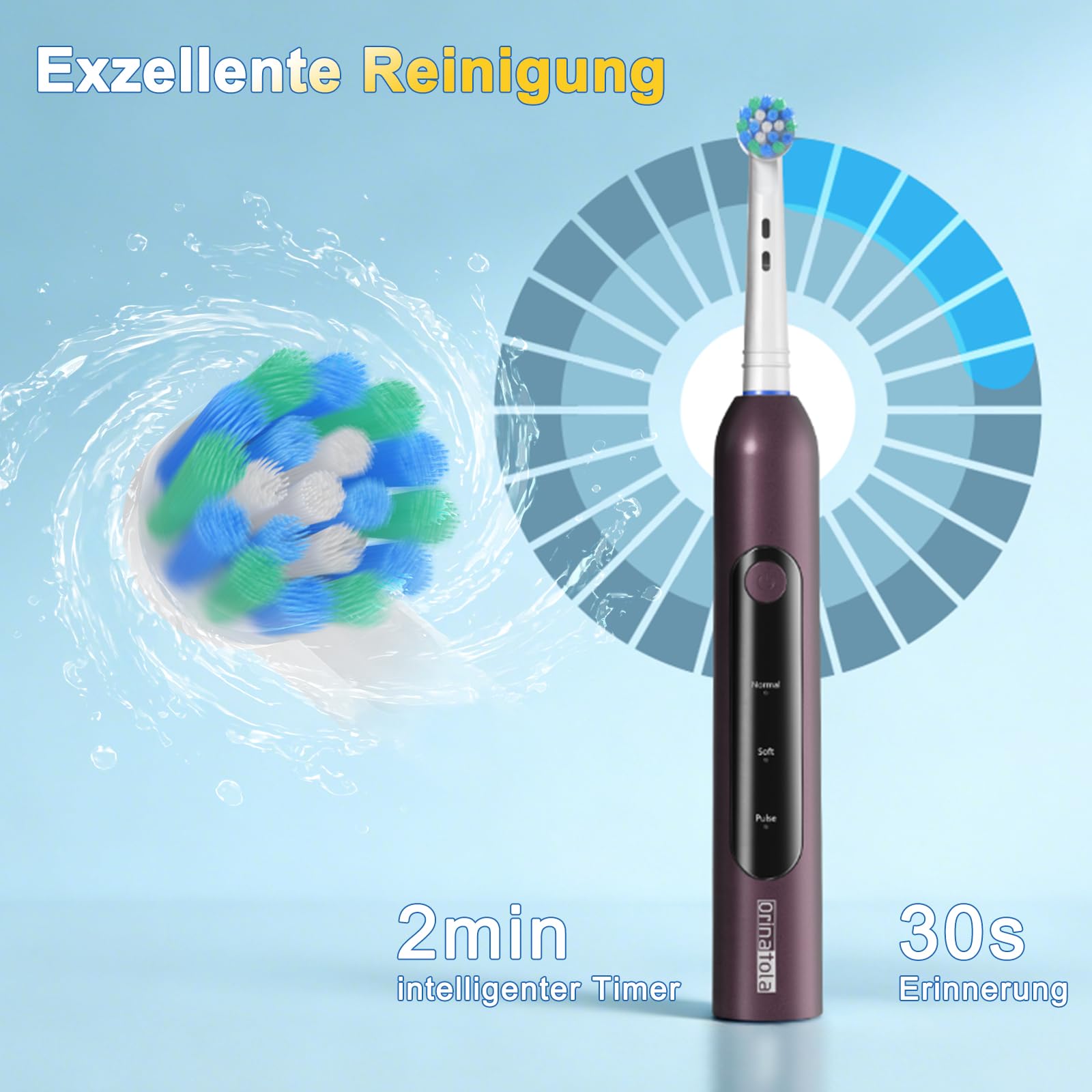 Spazzolino elettrico rotante con 8 testine, custodia da viaggio, 3 modalità e timer intelligente da 2 minuti, spazzolino elettrico, viola
