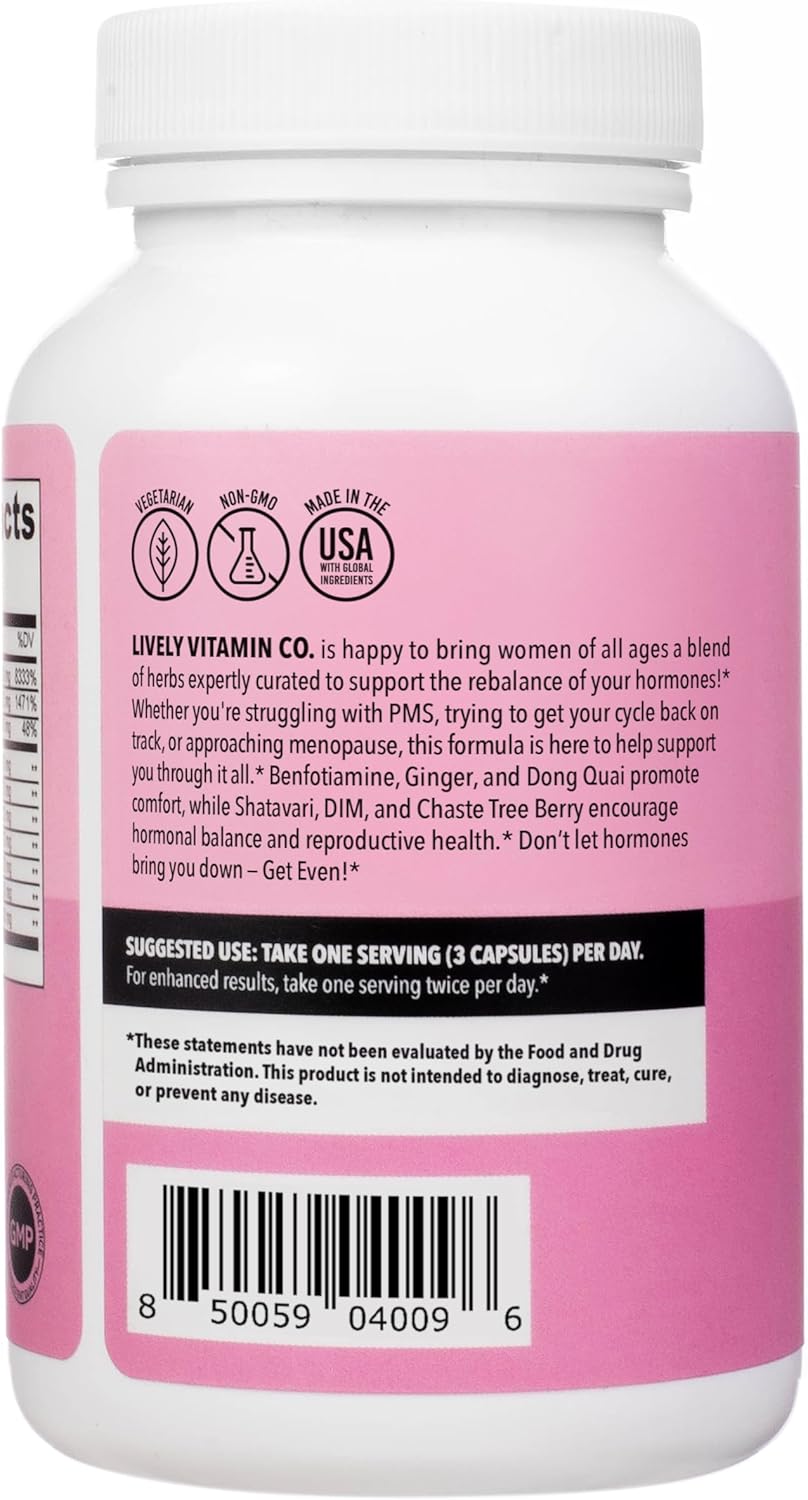 LIVELY VITAMIN CO. Get Even - Women's Hormonal Balance Blend - Helps Reduce Severity of Periods, PMS & Menopause - Eases Cramps & Bloating - Mood Regulation - Period Pain & Discomfort - 90 Count