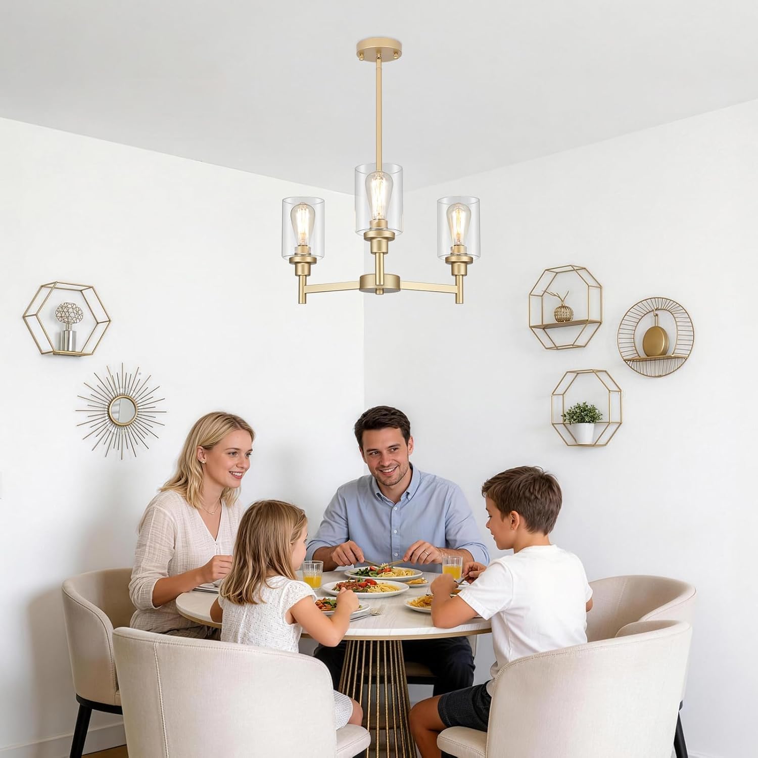 LIGHTDAMY 3-Lights Gold Chandeliers for Dining Room Light Fixture, Farmhouse Chandeliers Over Table, Hallway Lighting Fixtures with Glass Shade for Entryway Dining Room Kitchen Island Foyer