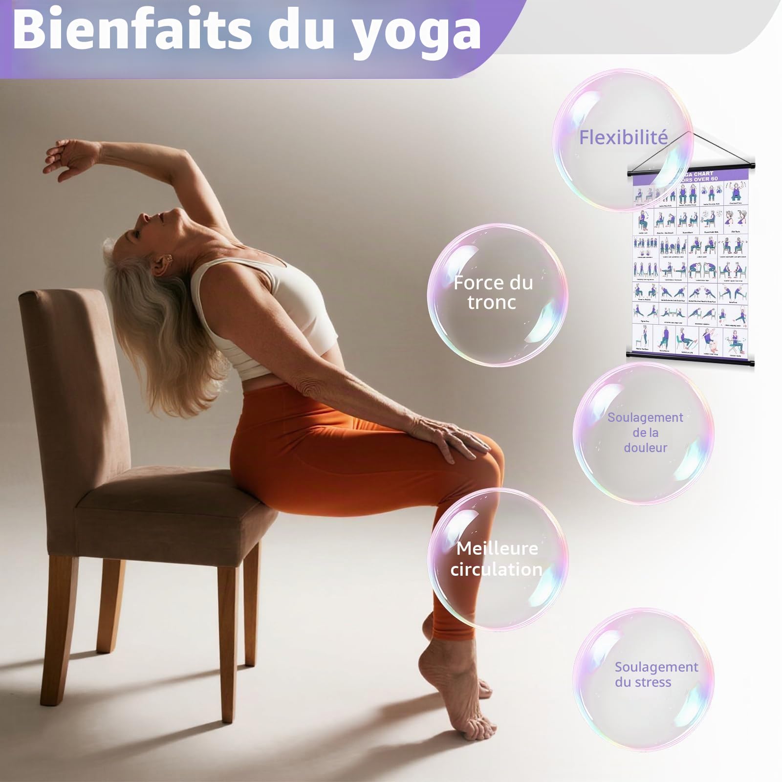 Affiche de yoga sur chaise pour seniors et débutants – tableau mural de yoga en tissu avec barres de suspension – affiche suspendue pour sport maison et mobilité douce, Guide d'activités d'étirement