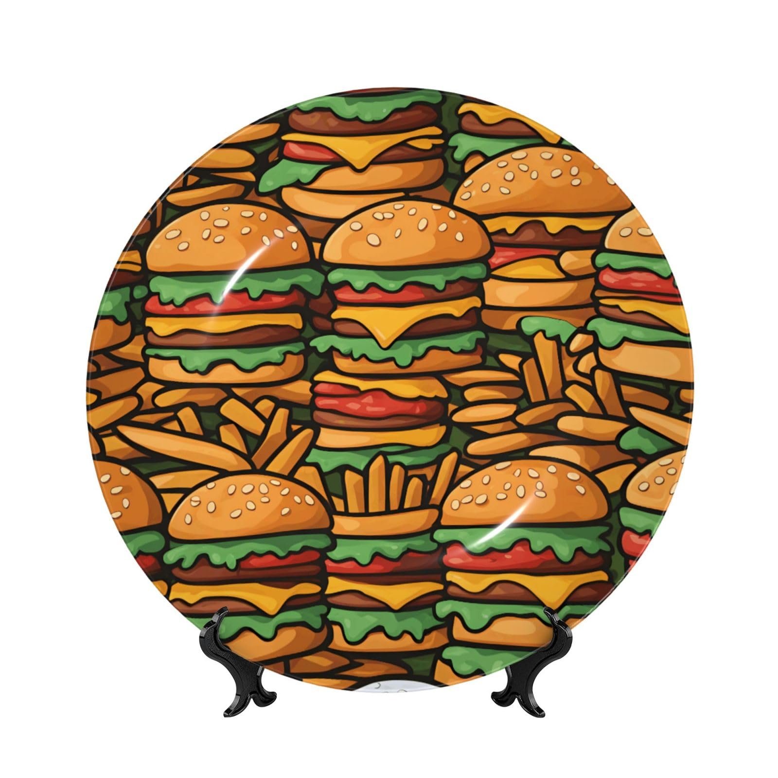 SXZVVBN many cute burgers Bone China Decorative Plate Art with Stand Removable Adhesive Hanging for Home Office 8in（20cm）