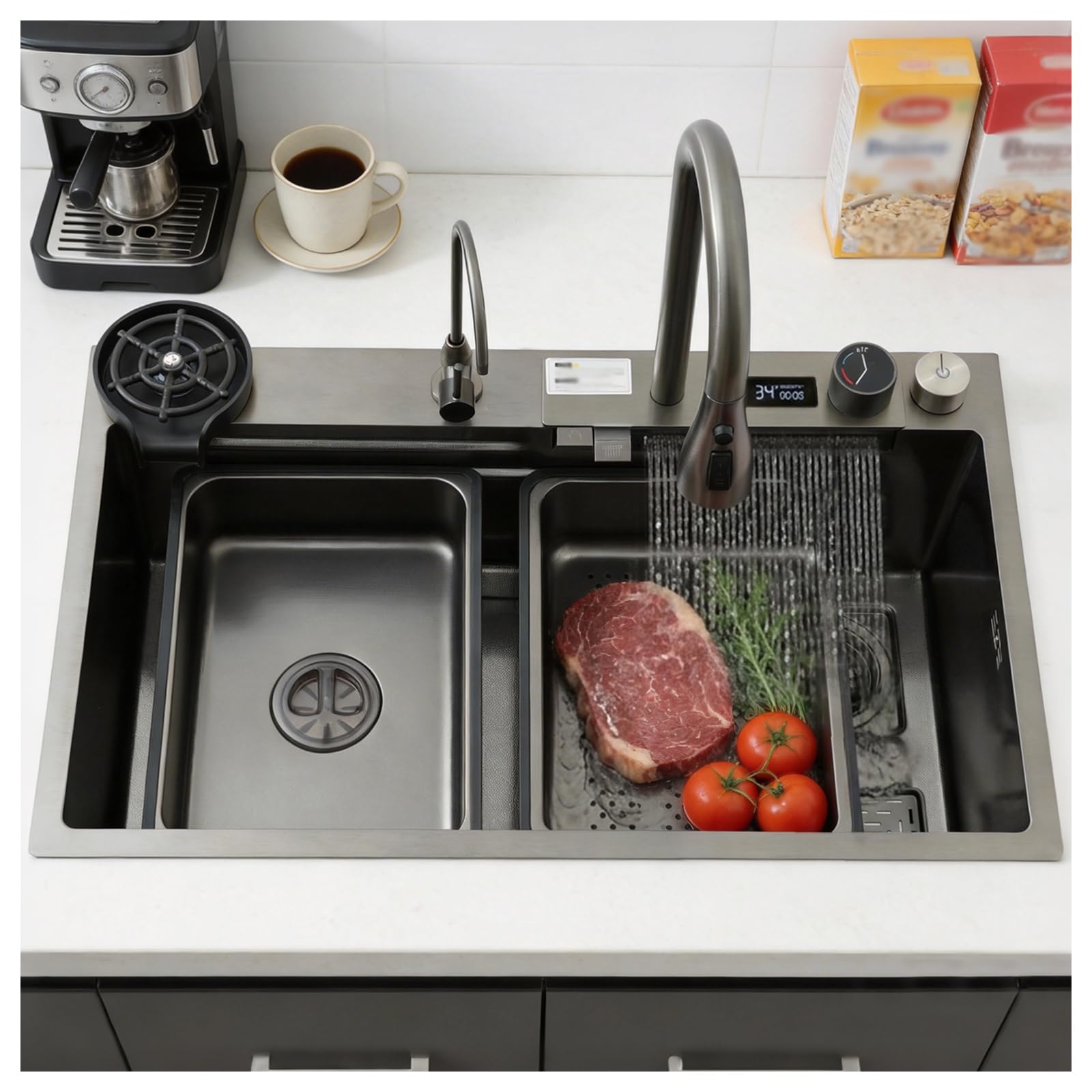 KOOGIMDDR 80 x 45 cm Multifunctional Stainless Steel Kitchen Sink - Single Bowl with Waterfall Nano Coating and 3-in-1 Pull-Out Tap, Deep Bowl with Chopping Board, Cup Sink