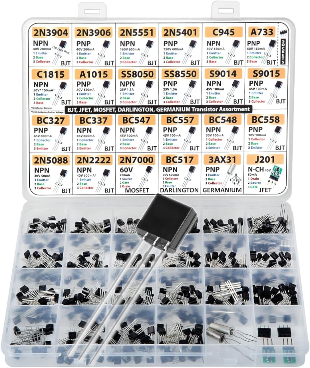 Transistor Assortment Kit, 434 pcs 24 Values, BJT, Mosfet, Germanium, Darlington, JFET, Sockets, 2n3904 2n3906 2n5551 2n5401 C945 A733 C1815 SS8050 BC547 BC558 2n5088 2n2222 2n7000 BC517 3AX31 J201