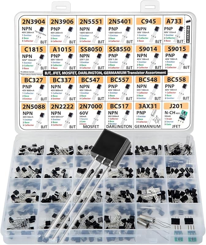 Transistor Assortment Kit, 434 pcs 24 Values, BJT, Mosfet, Germanium, Darlington, JFET, Sockets, 2n3904 2n3906 2n5551 2n5401 C945 A733 C1815 SS8050 BC547 BC558 2n5088 2n2222 2n7000 BC517 3AX31 J201