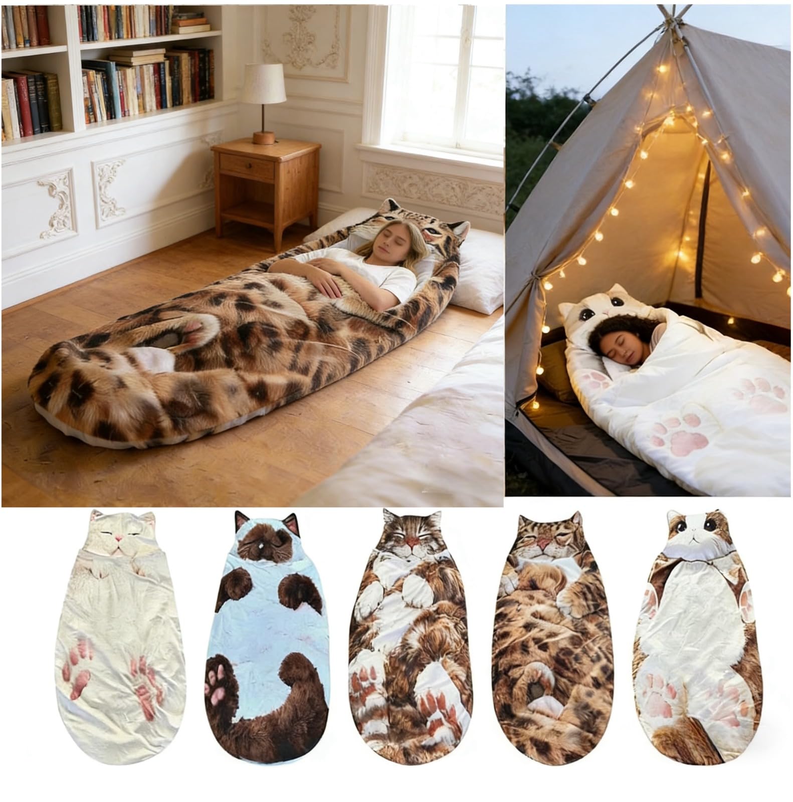 Saco de dormir de gato para humanos, saco de dormir de animales adultos esponjosos, diseño de sobre de felpa gigante para acampar y fiestas de pijamas, manta de forro polar suave y cálido, lavable a