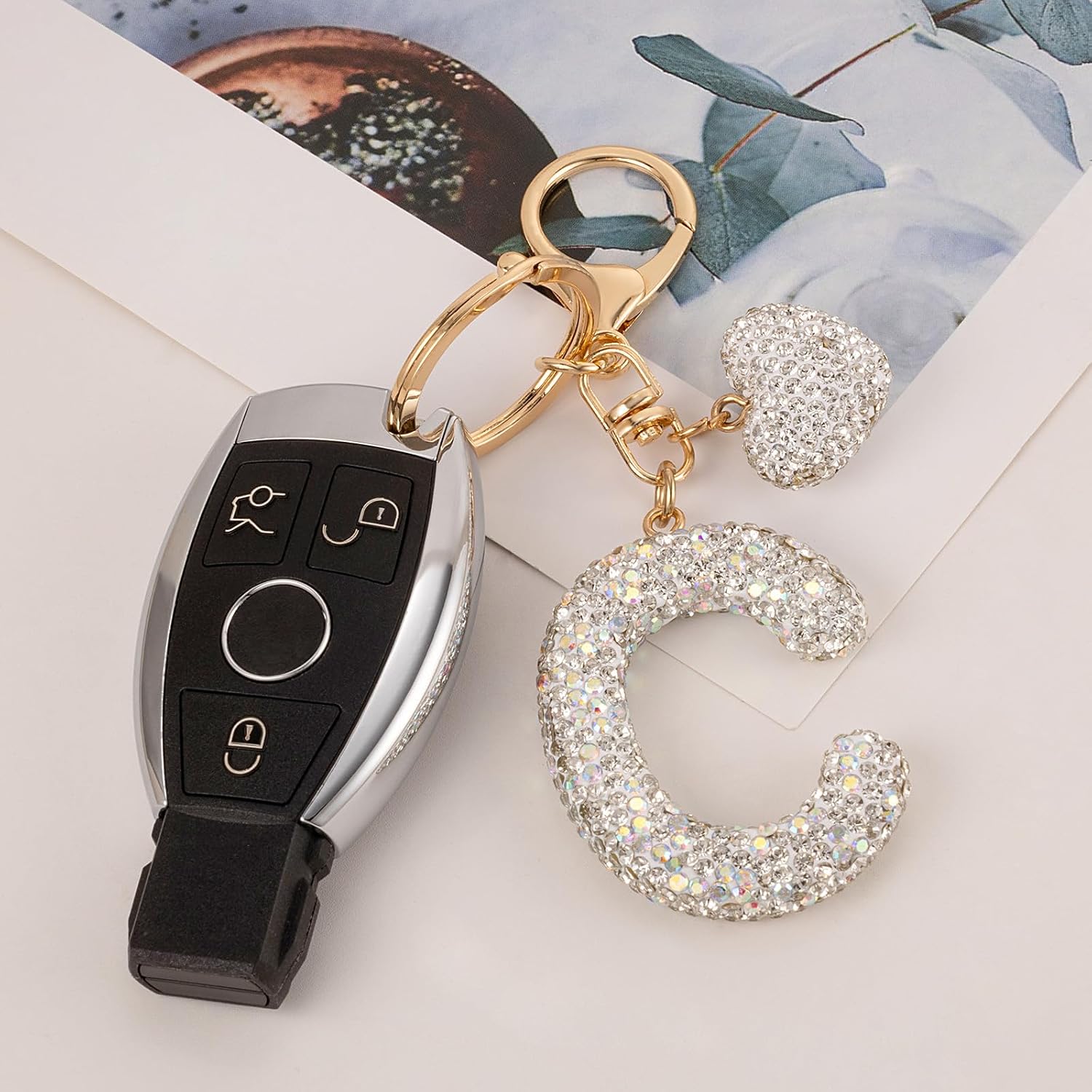 Initial Keychain for Women Bling Letter Key chain Initial with Heart White Keychain Charms for Backpack Handbag