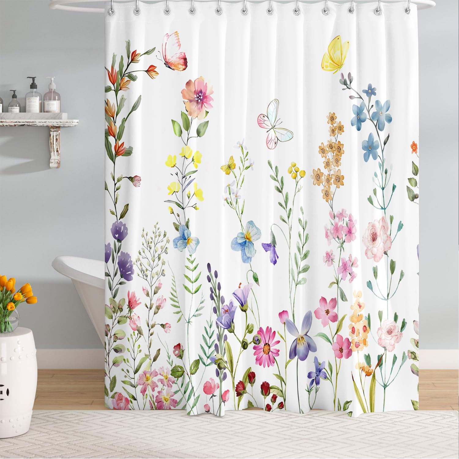 Long Colorful Floral Butterfly Shower Curtains 72 x 78 Inch, Waterproof Fabric Spring Botanical Flower White Shower Curtain for Bathroom,180cm x 200cm