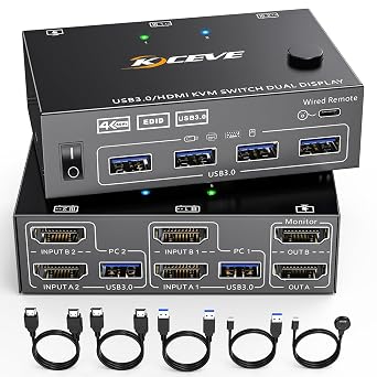 HDMI KVM Switch 2 Monitors 2 Computers 4K@60Hz, Simulation EDID