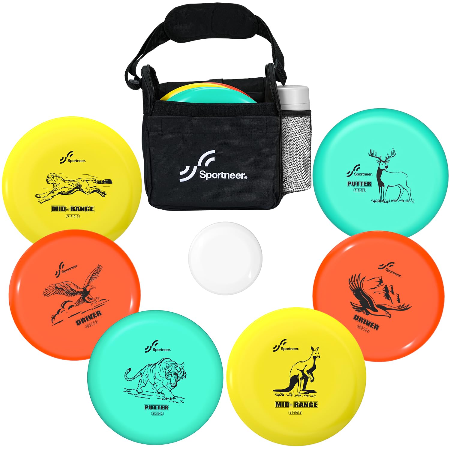 Sportneer Disc Golf Set – Discgolf Starter Set, 2 Driver, 2 Midrange, 2 Putter, Mini Disc Marker & Tragetasche – für Anfänger & Fortgeschrittene, Outdoor & Garten