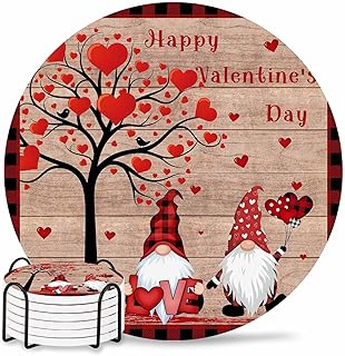 Coaster for Drinks 6 Pack,Valentine Dwarf and Love Heart Tree Absorbent Round Ceramic Stone with Cork Base and Metal Holder,Farm Wood Grain Buffalo Red Plaid Cup Mats for Home Dining Coffee Tables