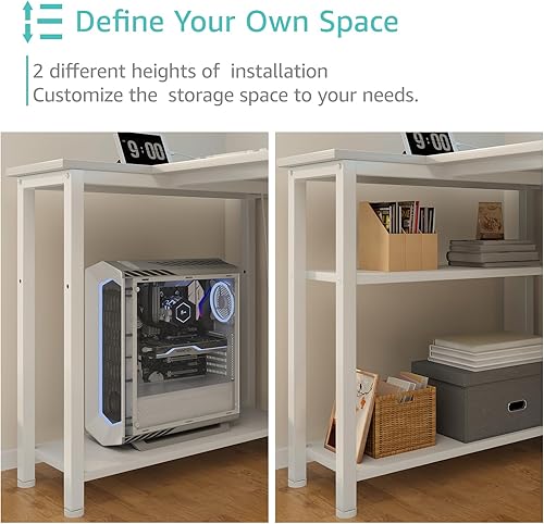 Miniatura 8 de Lufeiya - Escritorio en forma de L blanco con cajones de tela, escritorio de esquina para oficina en casa de 55 pulgadas con estantes para monitor,