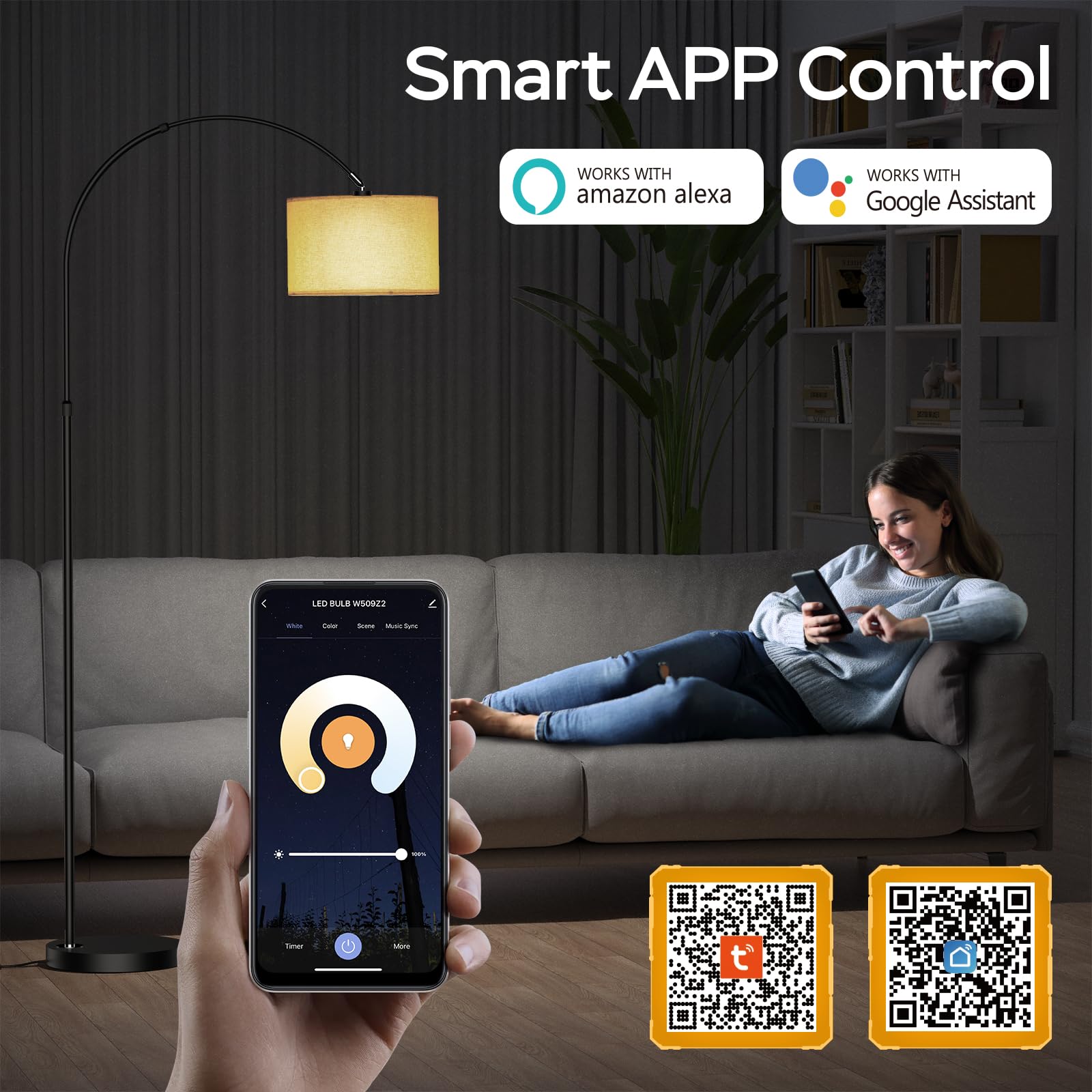 Modlicht Lampada da terra intelligente, funziona con Alexa e Google Home, lampada da terra RGB dimmerabile, per feste o atmosfera festiva, lampada ad arco WiFi E27 9W per soggiorno, camera da letto