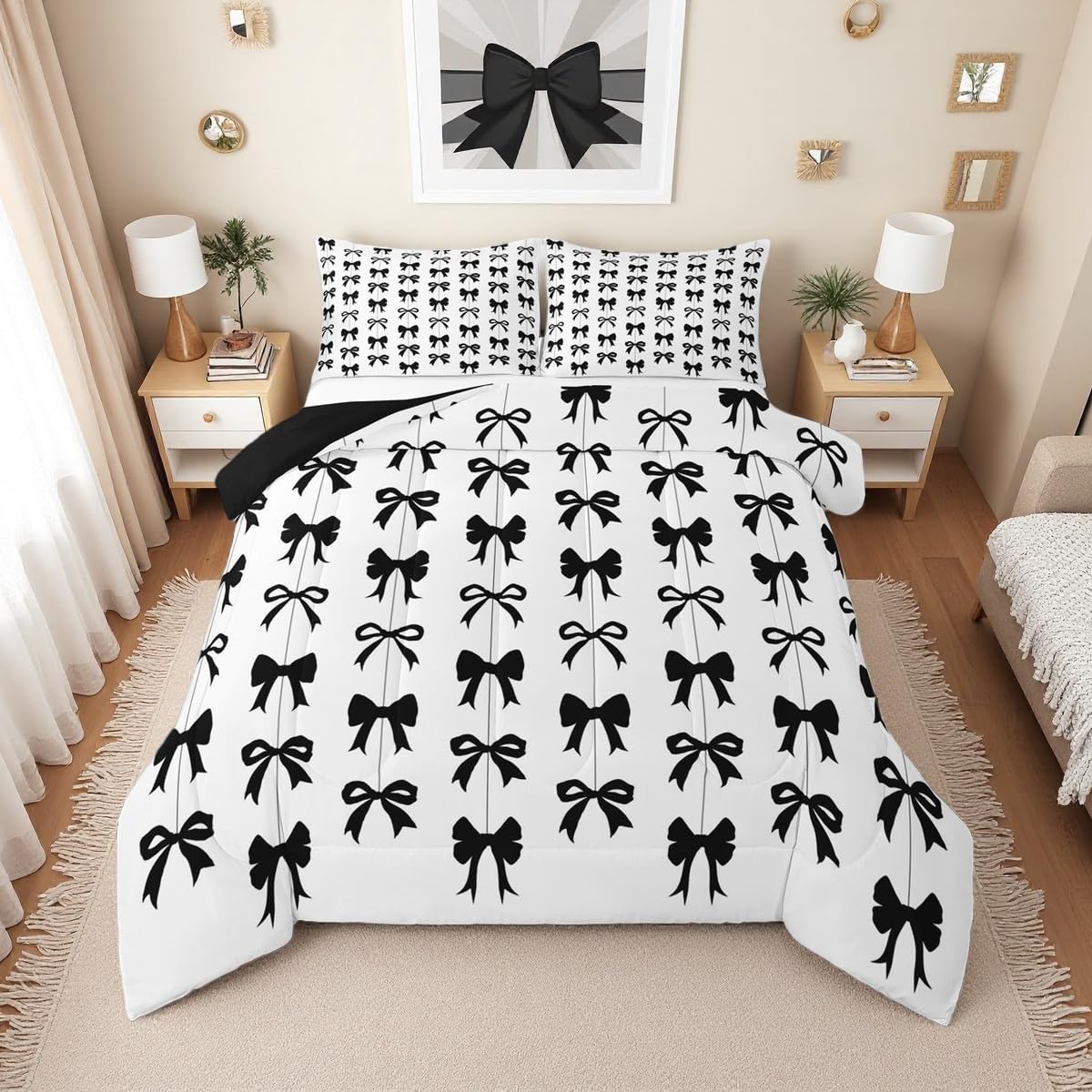 Erosebridal Black Bow Toddler Comforter Set for Girls | Coquette Bow Tie Bedding Sets for Kids Women, Black and White Ribbon Bows Bed Set, Cute Preppy Bowknot Room Decor, 1 Pillowcase