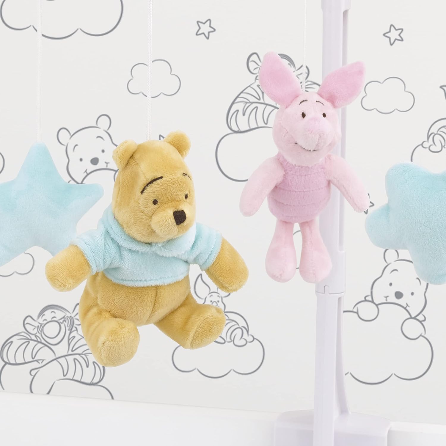 Disney Winnie The Pooh Hello Sunshine Nursery Musical Mobile with Plush Winnie The Pooh, Piglet & Aqua Cloud & Stars, Aqua, Yellow, Pink