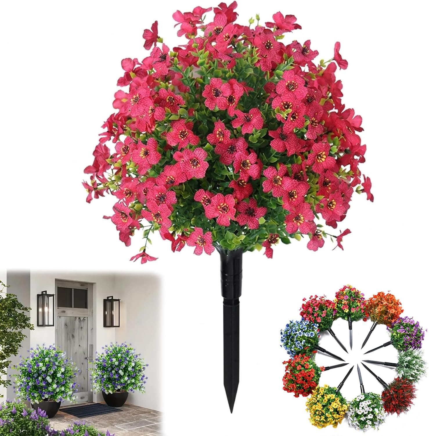 Artificial potted trees with ground stakes, Artificial Camellia Topiary Potted Trees, UV Resistant Faux Outdoor Shrubs Plants for Front Porch, Patio and Garden Decor (D)