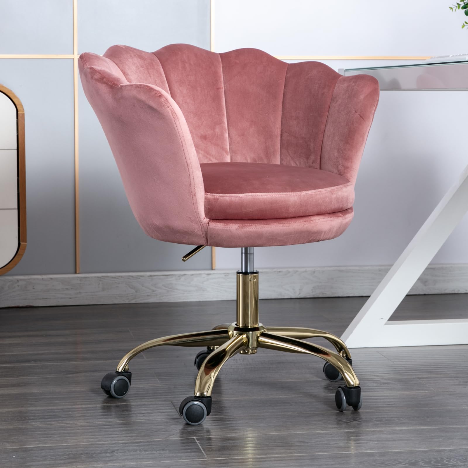 chairus Silla Escritorio de Terciopelo Giratoria Silla Oficina Moderna con Patas Doradas,Silla Altura Ajustable Silla Despacho de Ordenador para Dormitorio/Tocador,Rosa