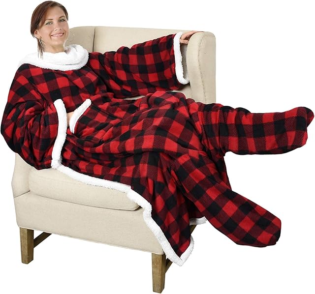 Catalonia Classy Tartan Wearable Sherpa Snuggle Blanket with Sleeves and Foot Pocket, Soft Cosy Fleece Slankets for Women Warm Fluffy Plush Throws Winter TV Blanket for Sofa Couch 190 x 135 cm
