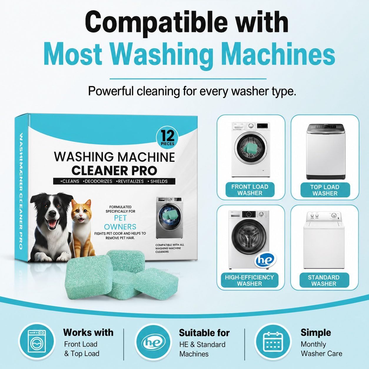 Washing Machine Cleaner Tablets, 12 Count Washer Cleaner for Pet Owners, Deep Cleaning Deodorizer for HE Front Load and Top Load Washers, Helps Remove Residue, Grime and Pet Hair Buildup