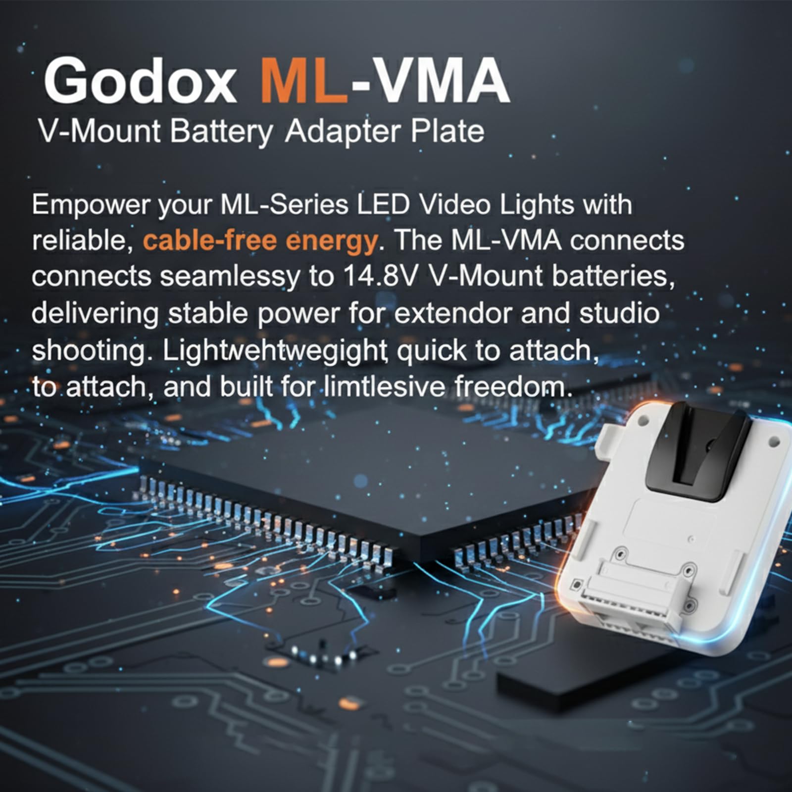 Godox ML-VMA V-Mount Plaque d'adaptateur de batterie compatible avec les lampes vidéo LED Godox ML150Bi et ML80Bi permettant une alimentation sans fil stable pour les enregistrements en studio et en