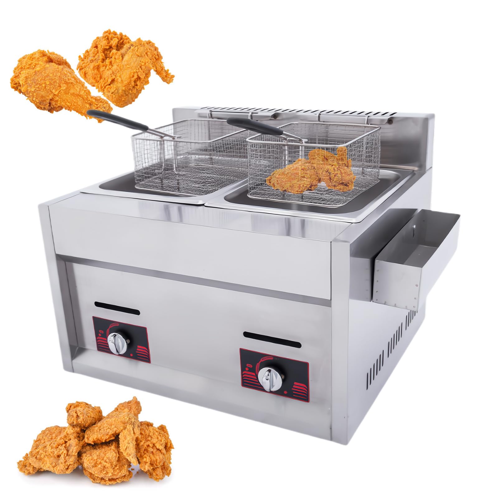Freidora A Gas De Acero Inoxidable De Doble Ranura De 10 L X 2, Freidora Profesional para Restaurantes Comerciales Y Cocinas Domésticas, Adecuada para Pollo Frito, Papas Fritas.