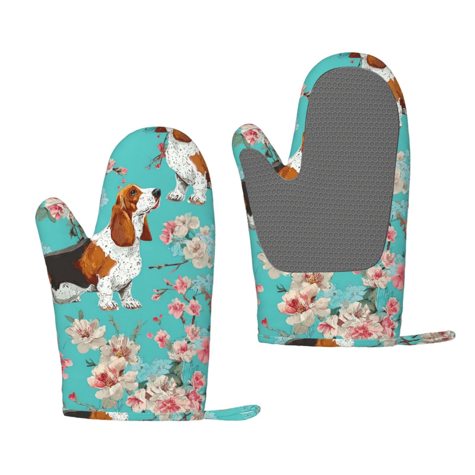 Oven Mitts Sets of 2 Heat Resistant Kitchen Gloves Sweet Basset Hound Florals Oven Mitts BBQ Oven Gloves Non-Slip Silicone Oven Mitts Waterproof Cooking Safety Gloves for Kitchen Baking Cooking
