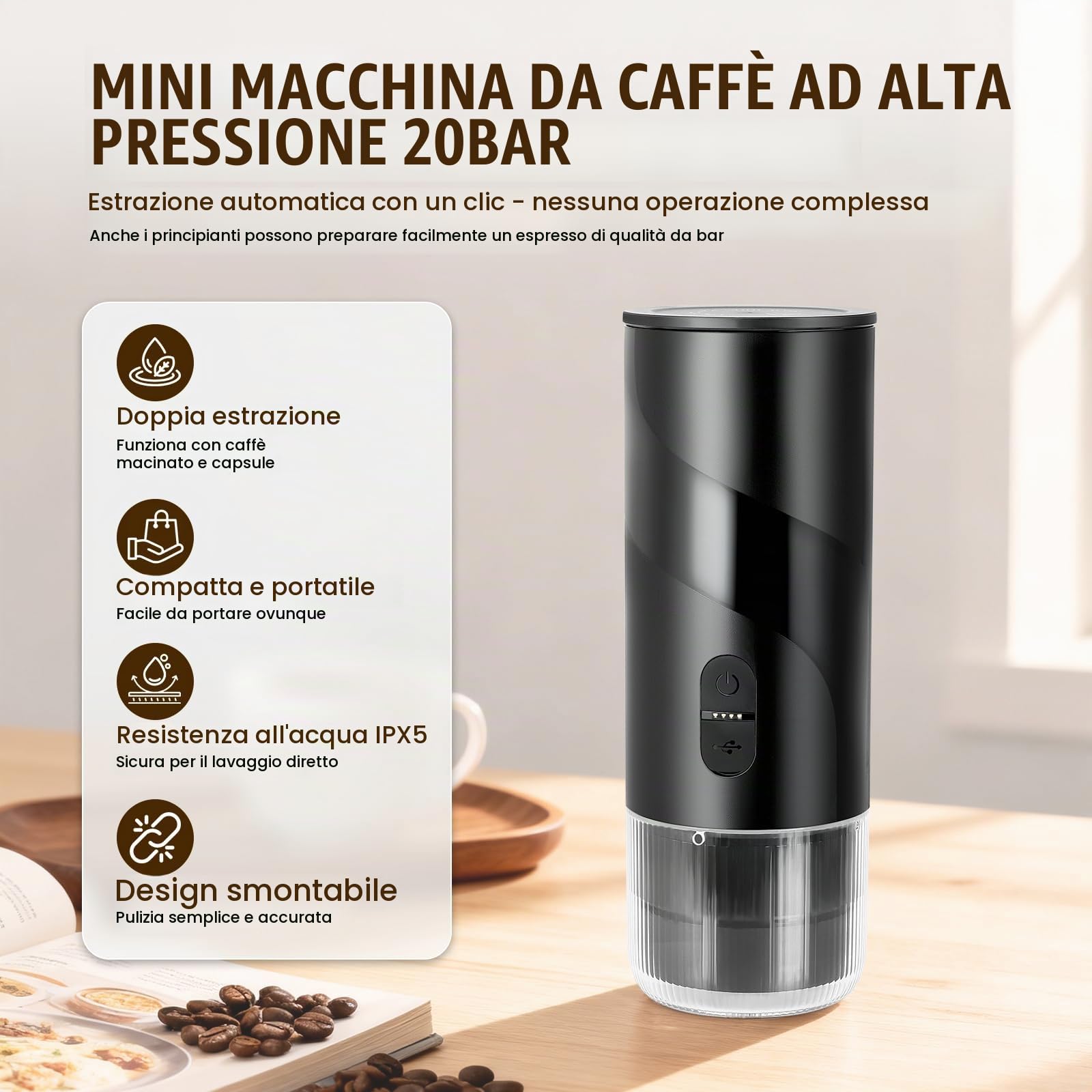 2 in 1 Mini Macchina per Caffè da Viaggio, Macchina per Espresso Portatile con Batteria Compatibile con Capsule da 3.5 * 2.8 cm e Caffè Macinato, Riscaldamento Rapido per Gadget da Campeggio