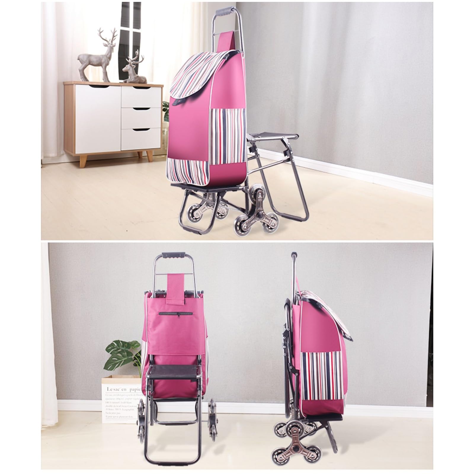 Carrello della spesa resistente con sedile, carrello della spesa a 6 ruote, design pieghevole portatile, funzione di salire le scale per shopping, bagagli e viaggi.