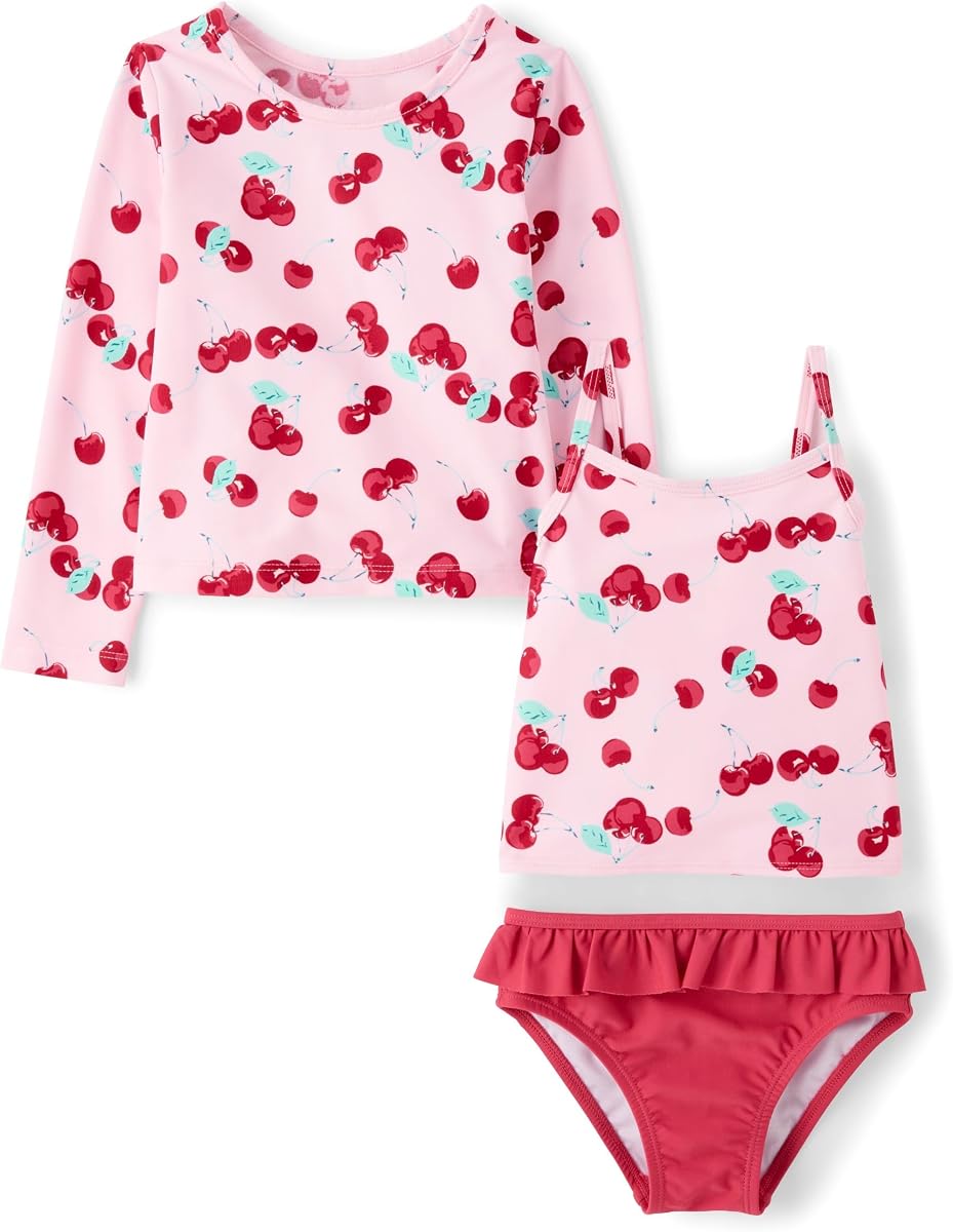 Baby Girls' and Toddler Long Sleeve Rashguard and Tankini Swimsuit, 3 Piece Set
