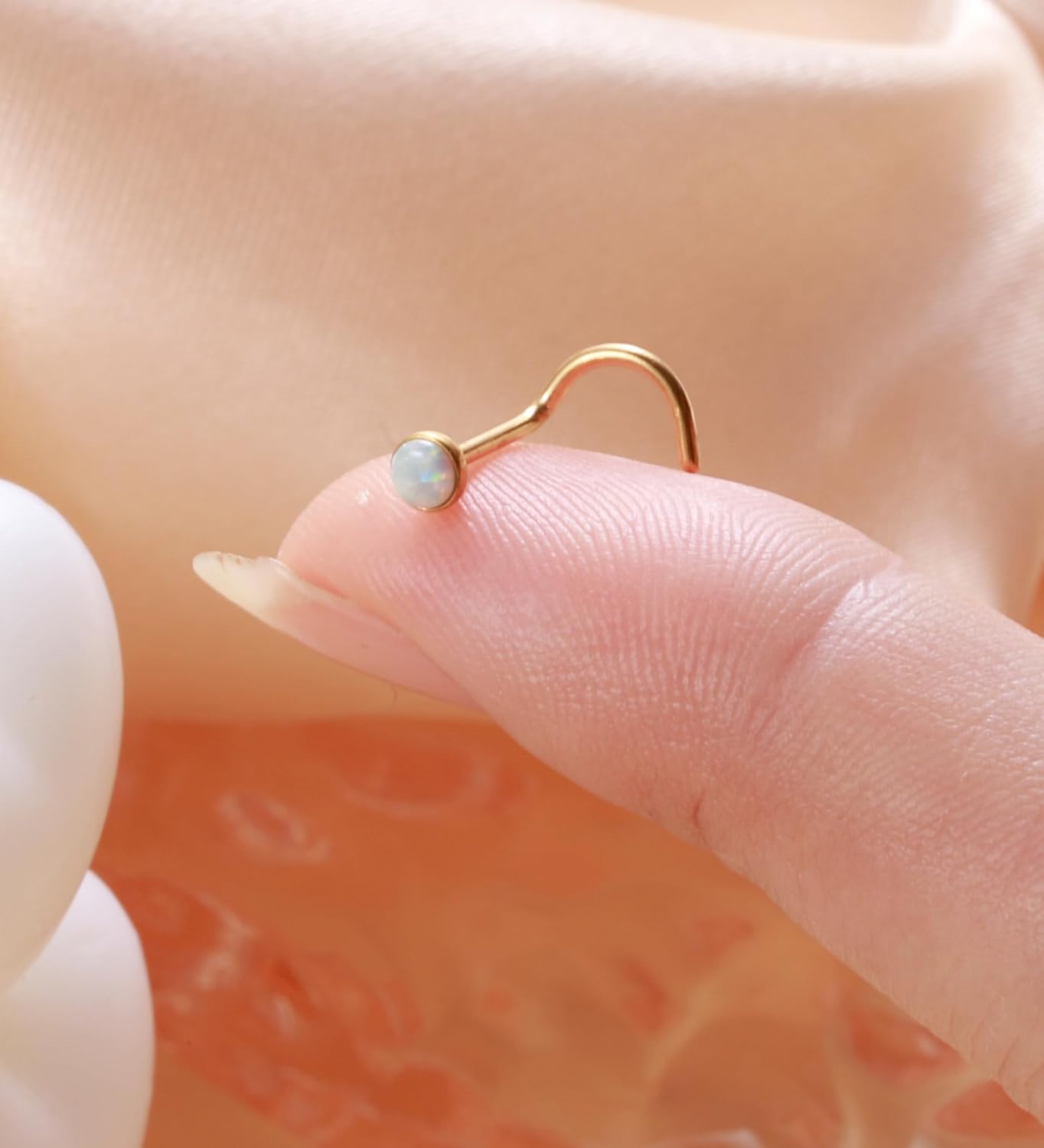 3mm G23 Titanium Opal Nose Rings Studs Hypoallergenic L Shaped Screw Small Nose Rings for Women Men 20G Handmade 14K Gold Plated Nose Nostril Piercing Jewelry - Image 5