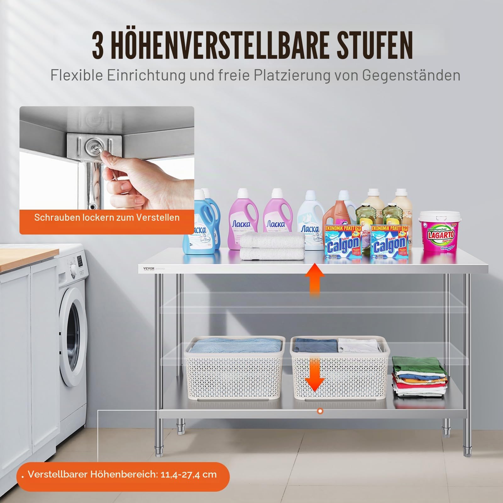 VEVOR Edelstahl Arbeitstisch Küche, Edelstahltisch mit 4 Universalrädern Rollen, Küchetisch für küchenvorbereitungsarbeit, 61 x 152 x 86 cm