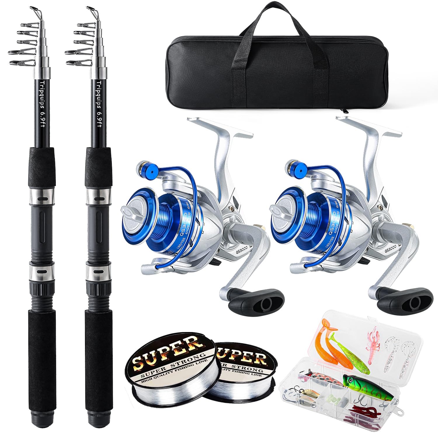 Fishing Pole Combo, 6.9ft 2Pcs Telescopic Rods Set, Collapsible Carbon Fiber Fishing Rods, 2PCS Spinning Reel Set with Carrier Bag Freshwater Fishing Rod and Reel Combos Kits