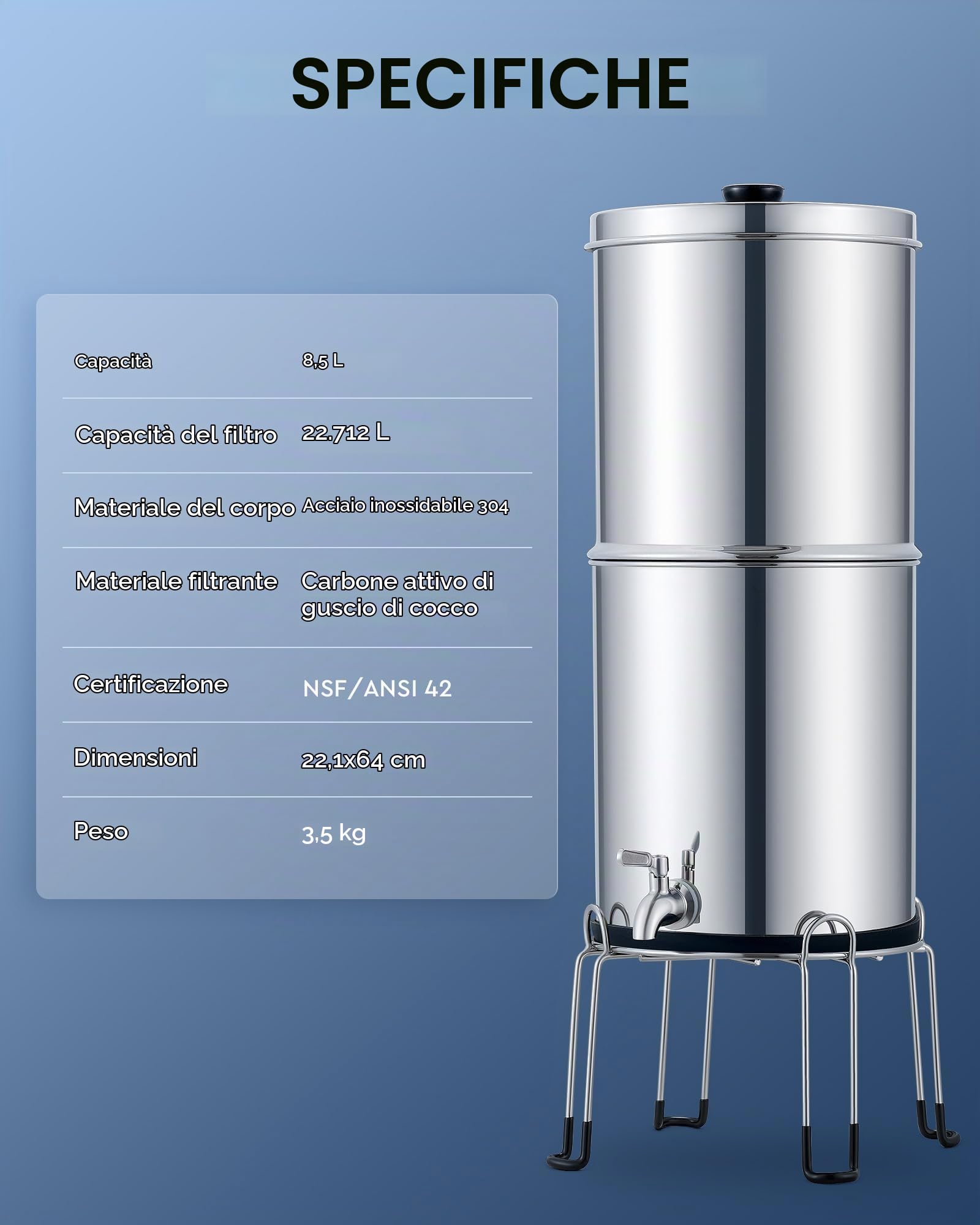 CO-Z 8.5L Sistema di Filtraggio dell'Acqua a Gravità Purificatore D'acqua a Gravità da Banco in Acciaio Inossidabile 304 con 2 Filtri al Carbone con Staffa e Rubinetto Certificazione NSF/ANSI 42