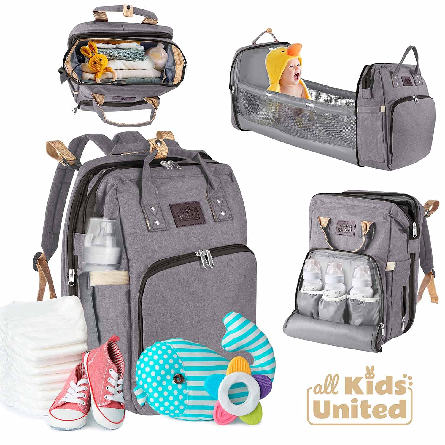 all Kids United® Baby Changing Backpack Deluxe with Cot - Juego de bolso cambiador para bebés: mochila para bebés, cambiador, cuna integrada, gancho para cochecito (Gris)