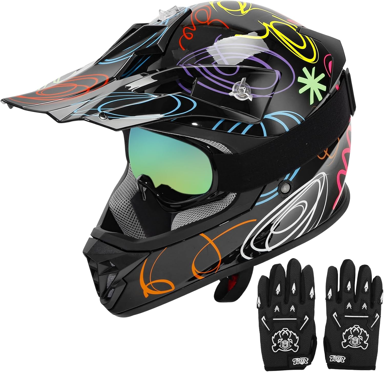 TCT-MOTORPARTS DOT Youth Kids Dirt Bike Full Face Helmets Motocross ATV Offroad Street Helmet w/Graffiti Medium Size