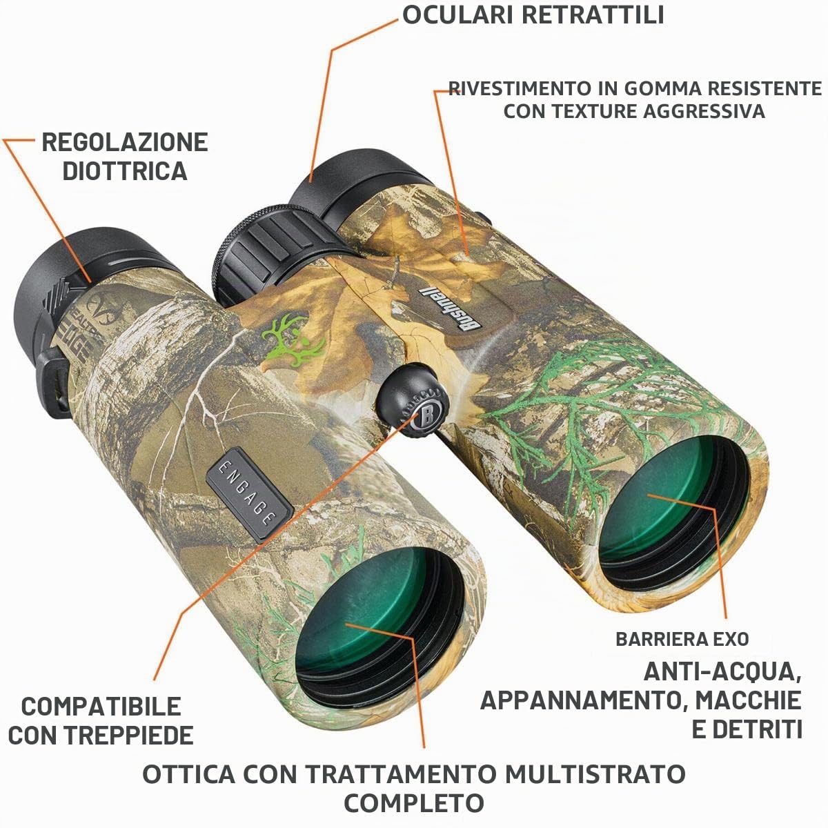 Bushnell - Engage X - 10 x 42 - Raccoglitore di ossa con bordo reale dell'albero - Tetto prismatico -Impermeabile e a prova di nebbia - Rivestimento barriera EXO - Completamente rivestito - BENX1042RB