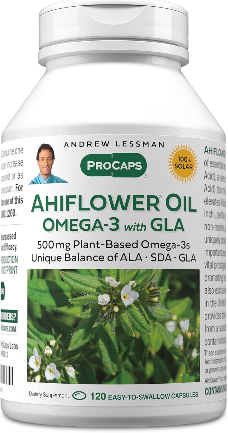ANDREW LESSMAN Ahiflower Omega-3 with GLA - 120 Softgels - Uniquely Balanced, Plant-Based Source of Essential Omega-3 Fatty acids. No Stomach Upset, Contaminants or Mercury. Easy to Swallow
