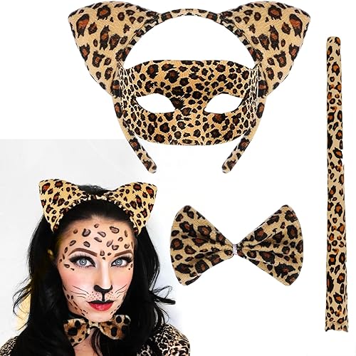 JYACRQBB Cabeza de flor con estampado de leopardo de Halloween con cola de lazo para mujer, banda de pelo de gato, máscara de estampado de leopardo,