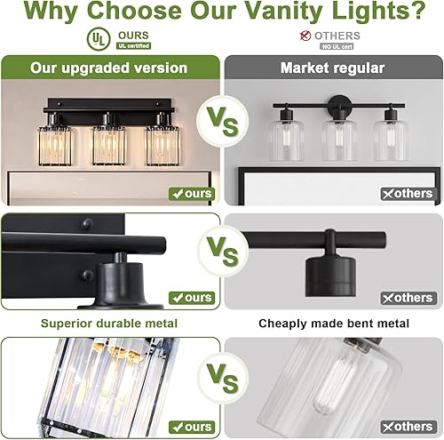 Miniatura 4 de Lámparas de baño de 3 luces, modernas luces de tocador de cristal con 3 bombillas E26, luz cuadrada negra mate para espejo dormitorio, sala de