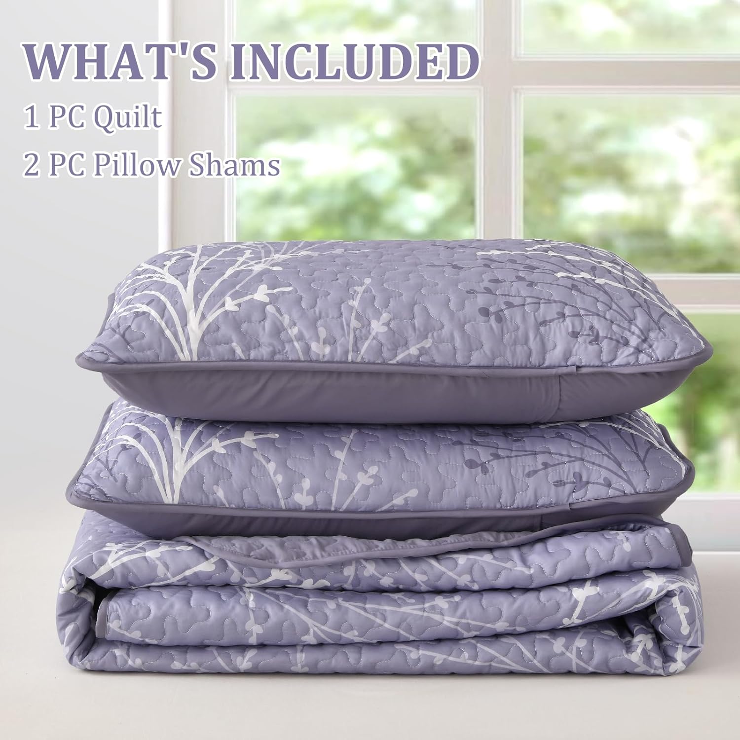 DJY Purple Quilt Set Queen Size - Branch Botanical Pattern Bedspread Coverlet Set, 3 Pieces Lavender Purple Floral Quilt Bedding Set, Soft Microfiber Summer Quilt for All Season, 96''x90'' - Image 7