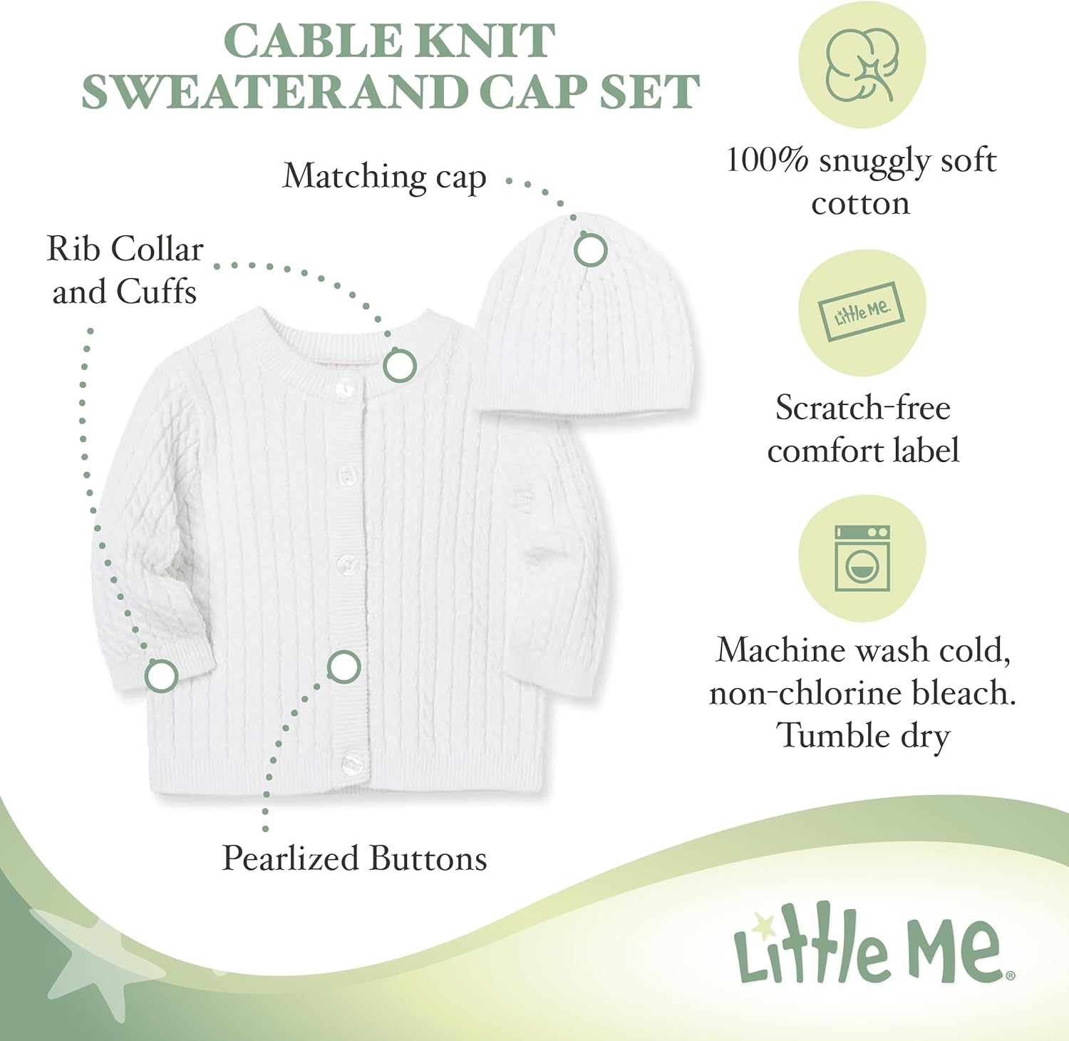 Little Me Clothes Baby Boys’ and Girls’ Sweater and Cap Set, Soft Cable Knit Cotton Outfit w/ Pearlized Buttons, 3-12 Months - Image 4