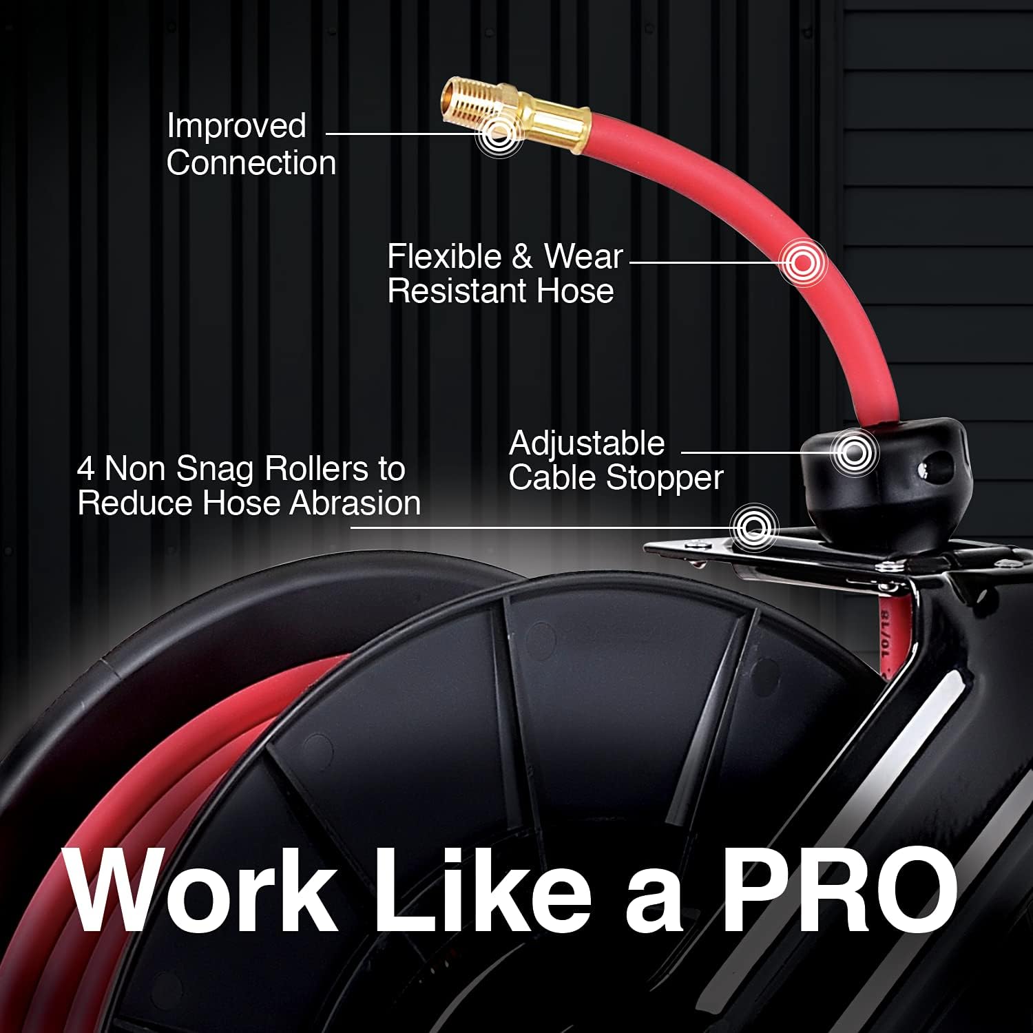 REELWORKS Air-Hose-Reel Retractable 1/4" Inch x 65' Feet Extra Long Premium Commercial Flex Hybrid Polymer Hose Max 300 Psi Compressor Polypropylene Drum Construction Heavy Duty Industrial Sprin - - 