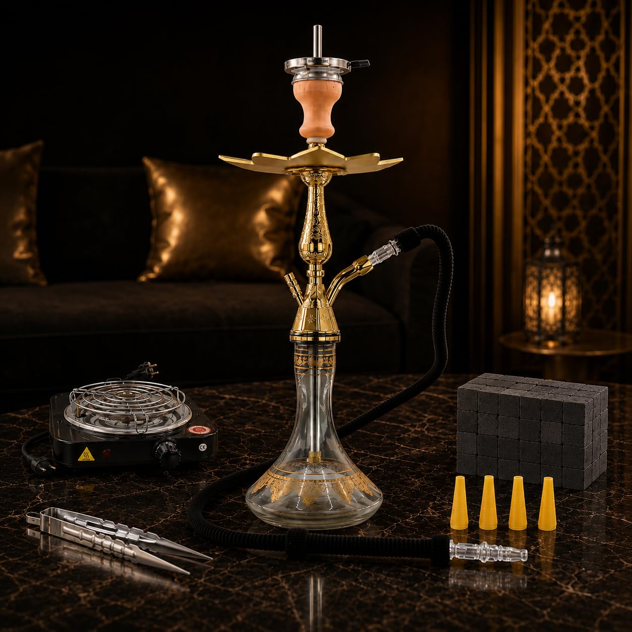 DIAMOND HOOKAH® Premium Tradi Shisha KOMPLETTSET, Tradi Shisha Aluminium im Komplettset + Mundstücke + Kohlenanzünder 1000 Watt + 1 Kg Kohle (Clear)