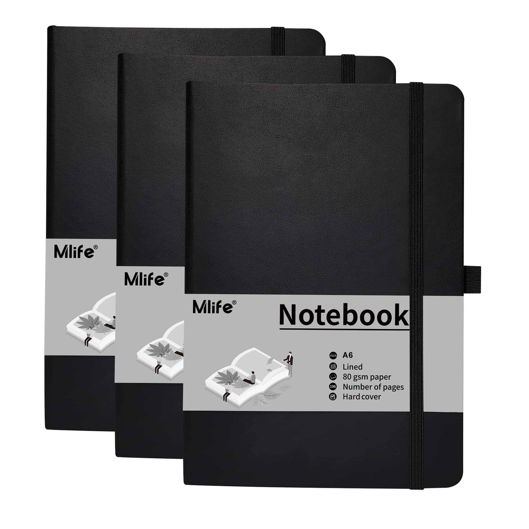 Cuaderno pequeño A6 de tapa dura con 192 páginas negras y portabolígrafos pack de 3