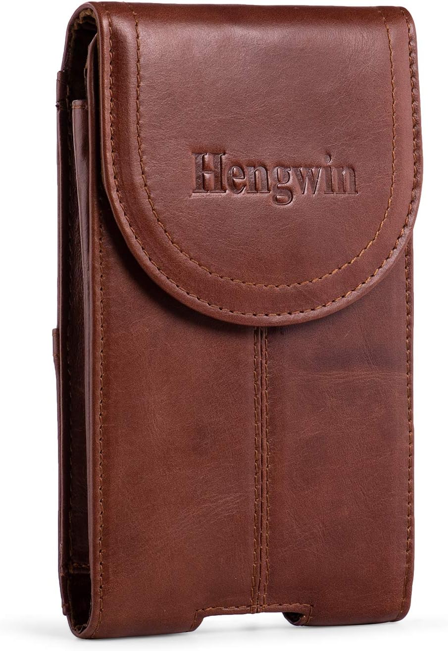 Belt Clip Holster Pouch Hengwin Genuine Leather Phone Case Holster with Magnetic Closure Belt Loop Pouch Bag Fit for iPhone 17 Pro Max 16 Pro Max 14 Pro Max 13 Pro Max Samsung Galaxy S25 Ultra (Brown)