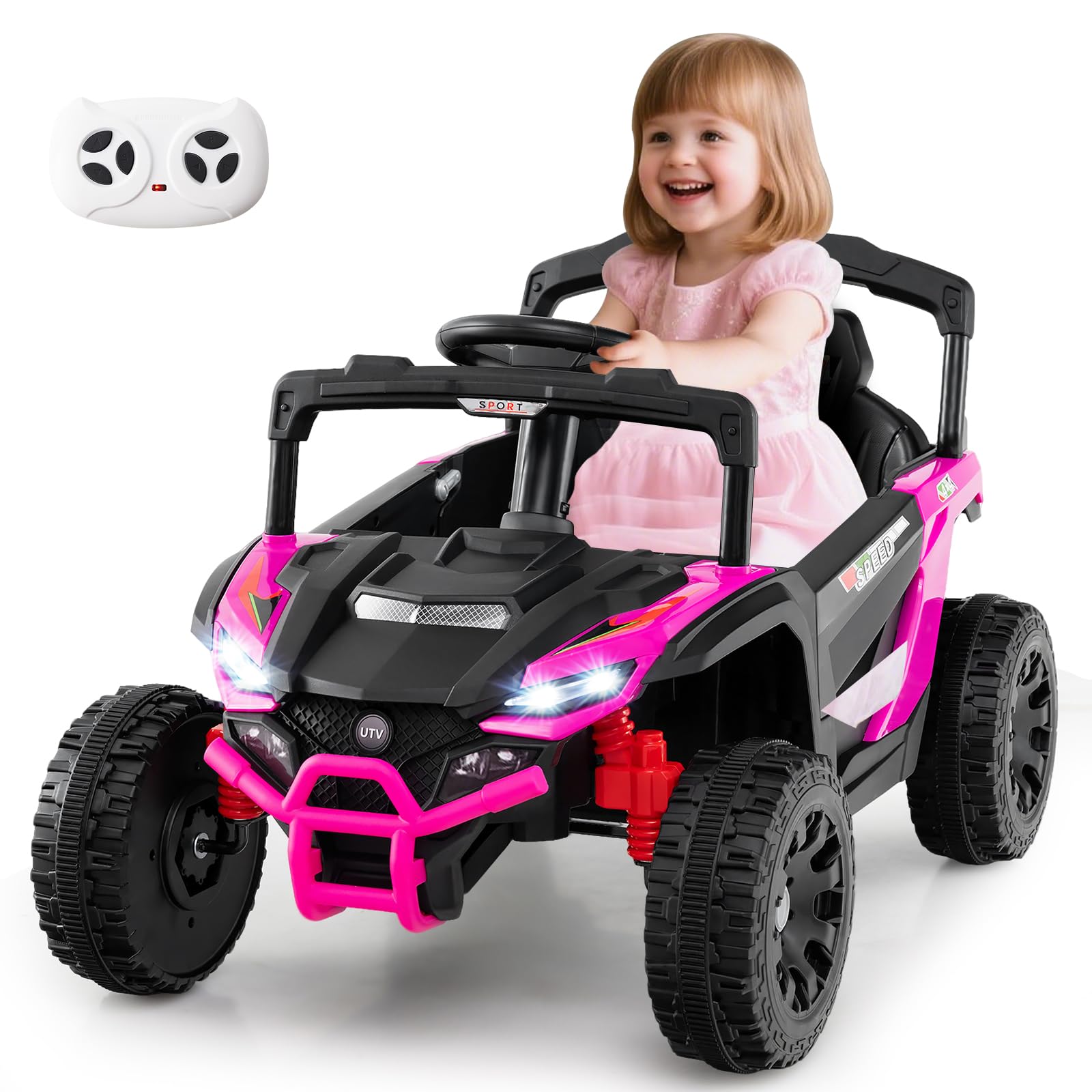 GOPLUS Elektroauto für Kinder, Elektrofahrzeug 12V, UTV-Truck mit Musik, Hupe, Scheinwerfer & Fernbedienung, Kinderfahrzeug mit Lenkrad & Pedal, Kinderauto für Kinder ab 3 Jahren (Rosa)